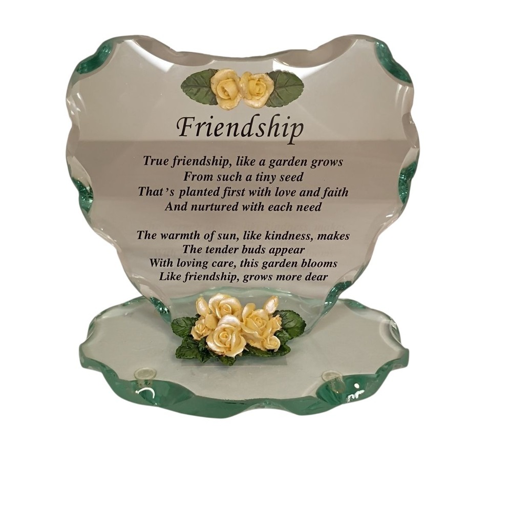 Friendship Poem Glass‎ Heart Shape Standing Plaque Yellow Roses Gift 7" x 6"
